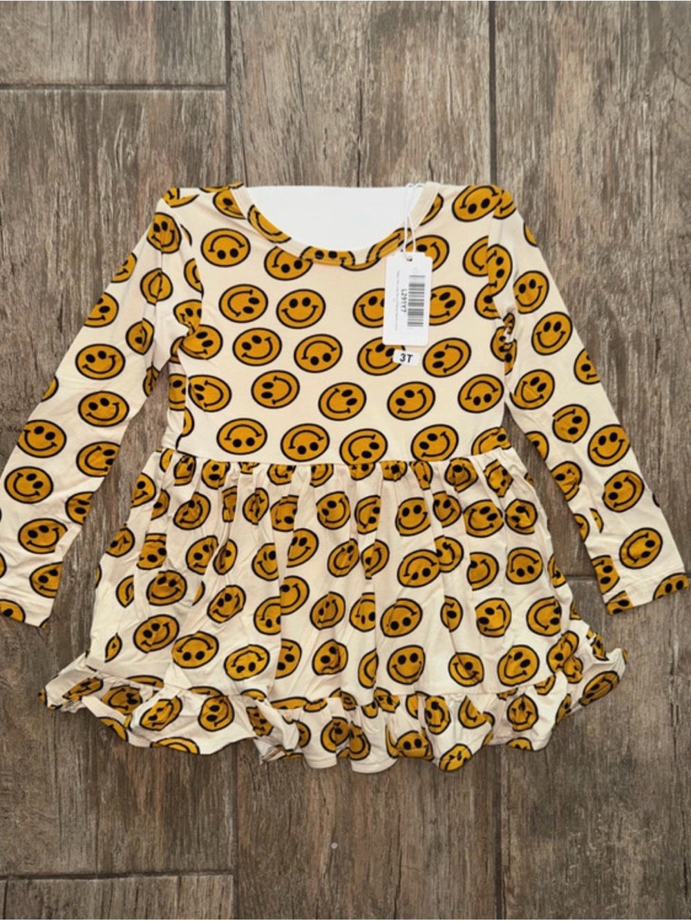 Smiley Print Long Sleeve Twirl Dress for Kids - Beige/Yellow